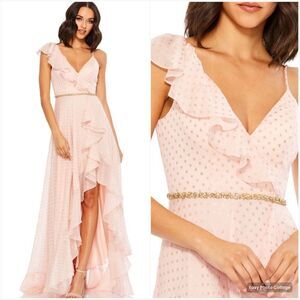 NWT Mac Duggal POLKA DOT ASYMMETRICAL RUFFLE GOWN Pink Size 0